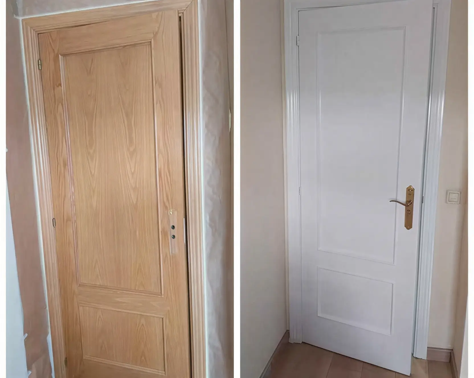 Antes y después de lacar puerta de madera en blanco por Los Pintores Salamanca