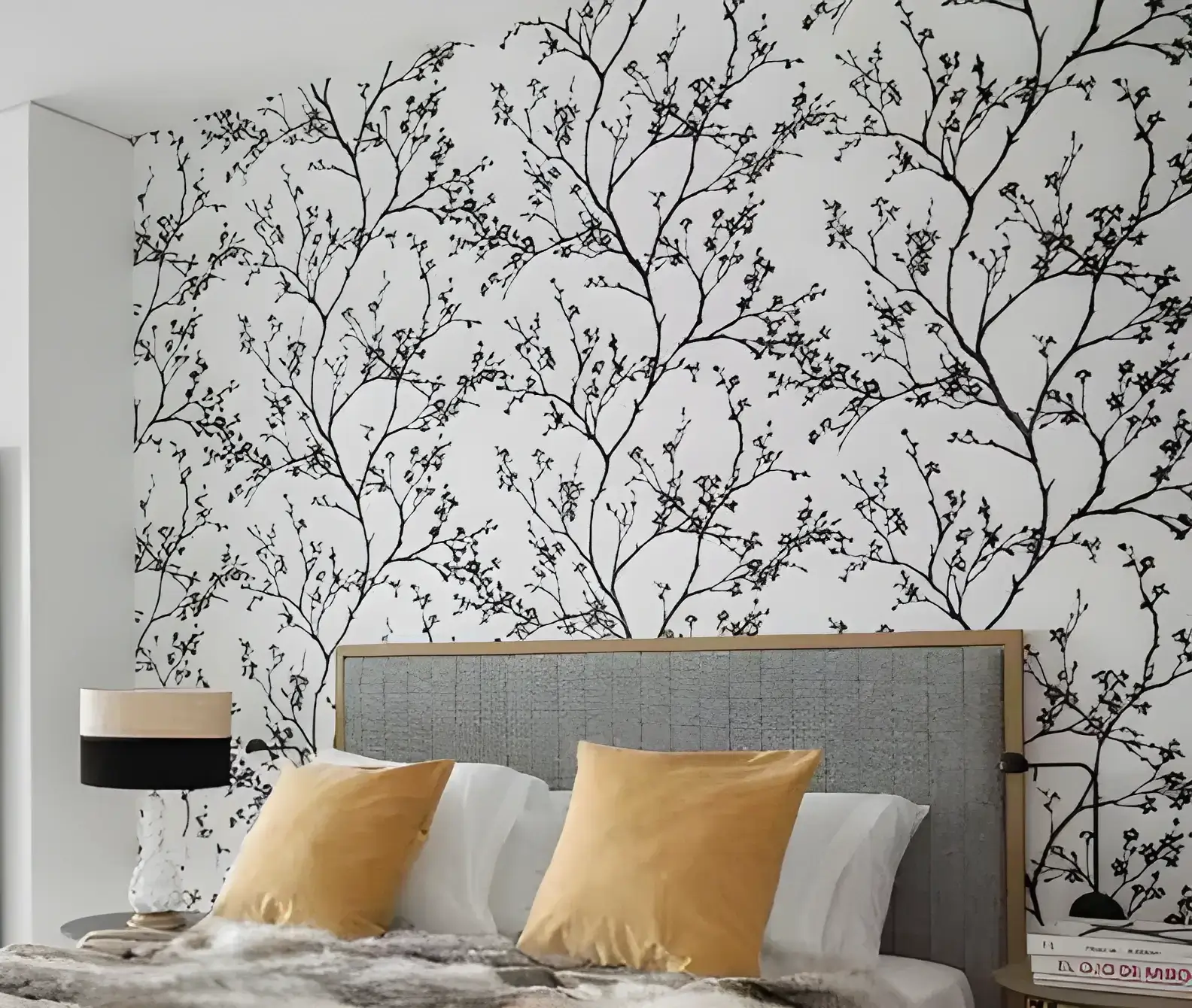 Los Pintores Salamanca instalando papel pintado de ramas en cabecero de dormitorio moderno