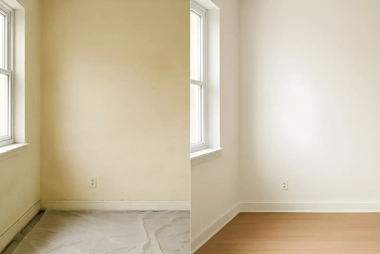 Antes y después de pintura interior en salón, trabajo de Los Pintores Salamanca con paredes renovadas